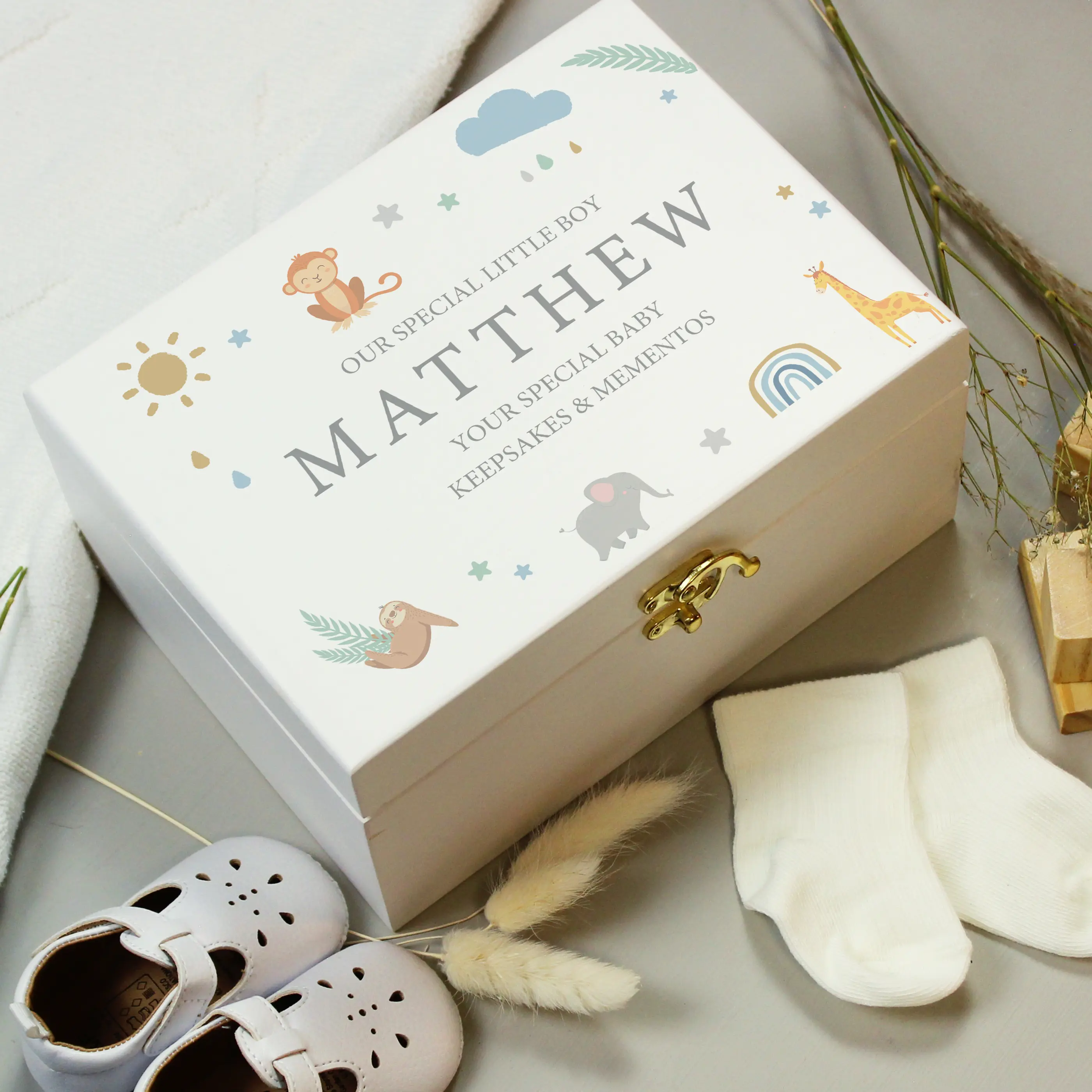 Personalised Safari Animals White Wooden Keepsake Box with Metal Clasp Organiser Gifts