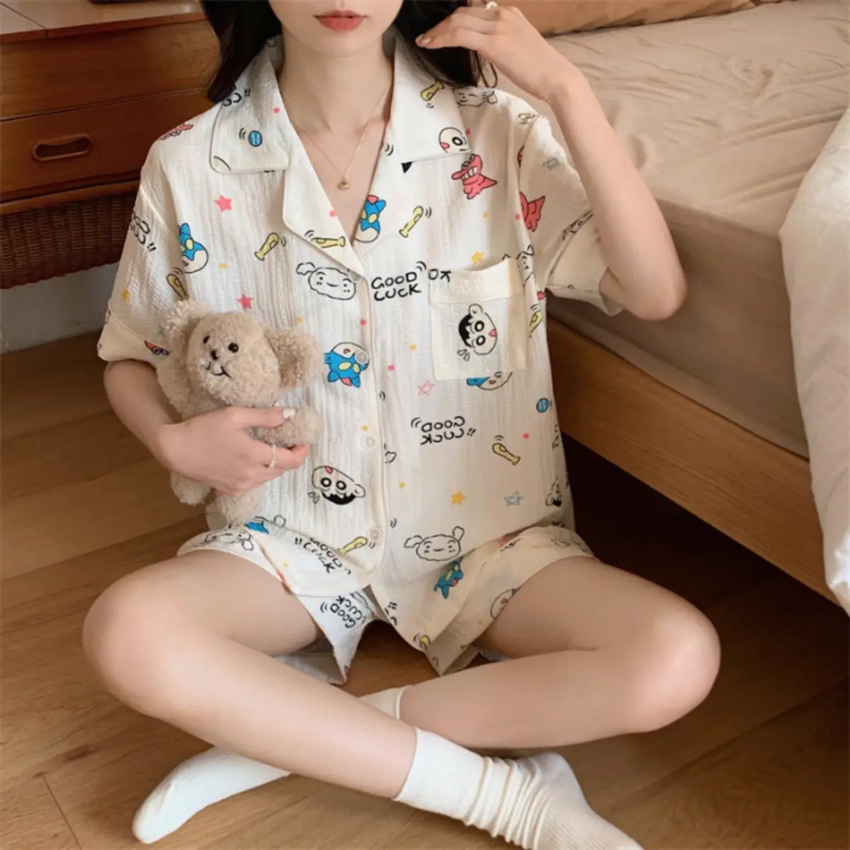 Two Counts Women's Cherry/ Heart/ Floral Print Lapel Pocket Cherry Shirt & Bow Decor Shorts Pyjama Set,    Button Front Cherry Shirt Girl & Contrast Binding Shorts Pj Set, Casual Comfortable Sleepwear Set, Minimalistic Wear Tall Clothing Women