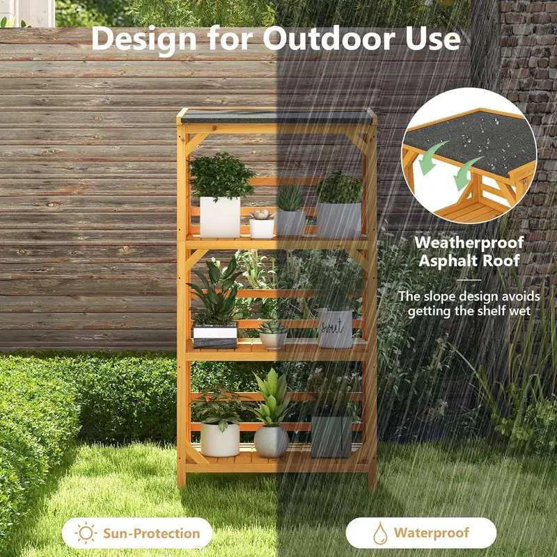 COSTWAY 3-Tier Outdoor Wooden Storage Shelf, 137cm Tall Plant Stand Rack with with Weatherproof Asphalt Roof, Garden Utility Tool Organizer for Patio Balcony, Hold up to 90kg 4