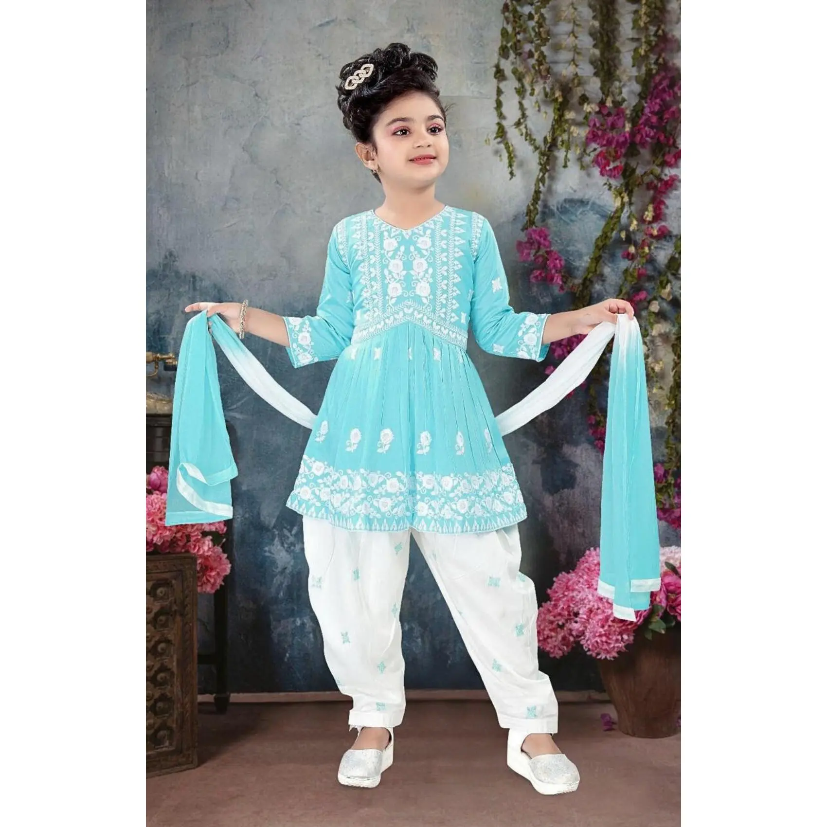 BS-GR-629 - Girls 3 piece readymade outfits comes with with embroidery machine work. Ideal for all occasions. P