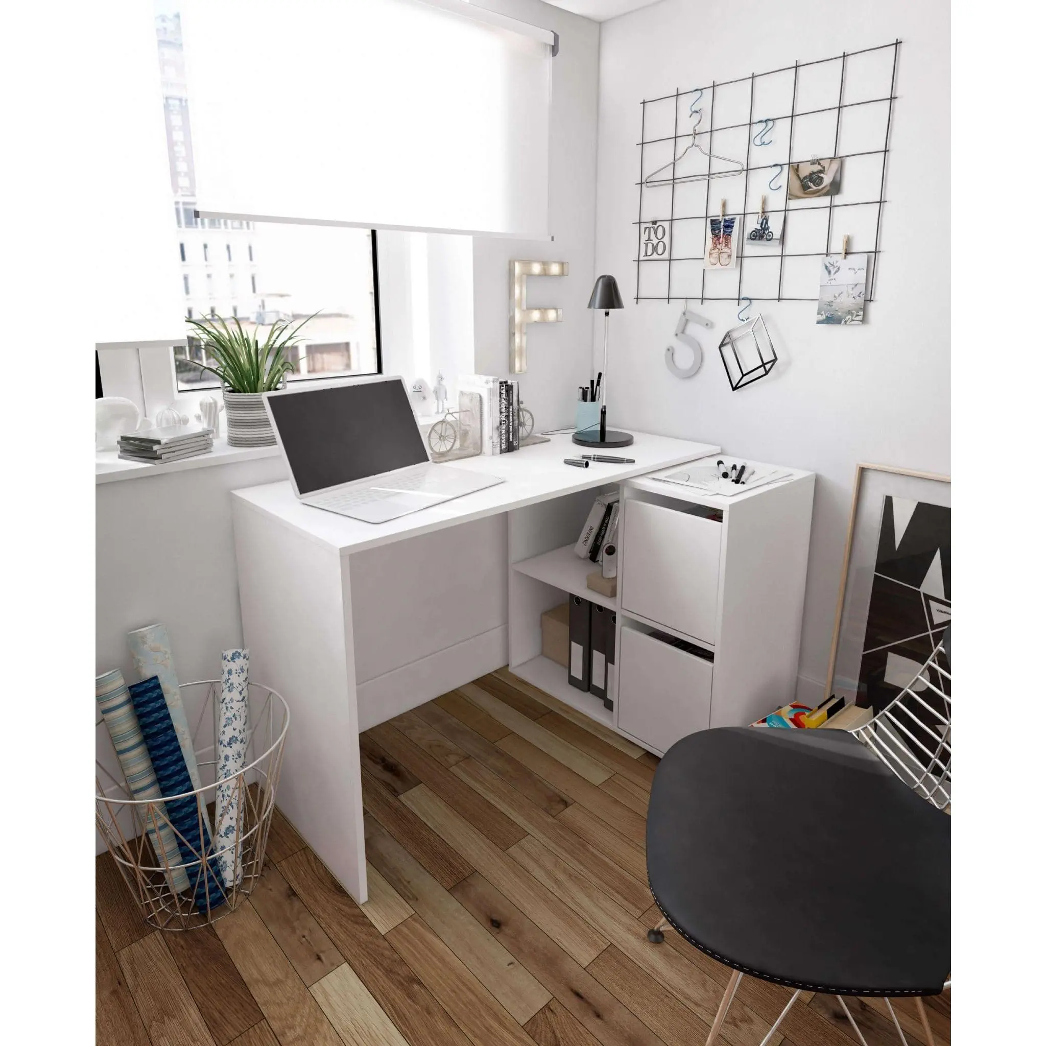 Drift White Reversible Home Office Desk with Storage – Study Table for Computer and Laptop with Shelves and Cupboards