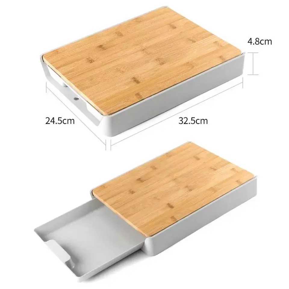 Wooden Bamboo Chopping Board with Sliding Tray for Cutting and Slicing - Kitchen Utensil and Gadget for Cutting and Peeling - Knives