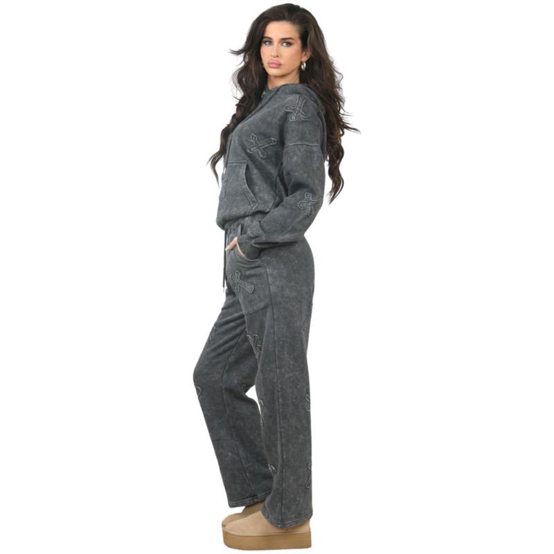 Womens Basic Cross Applique Tracksuit Oversized Drop Shoulder Hoodie Wide Leg Joggers 8