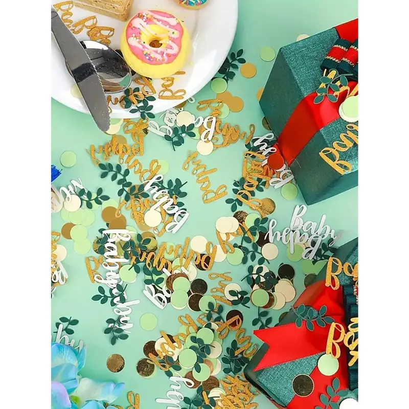 1set/100pcs Party Decoration Green Leaf & Ring Confetti Table Scatters, Birthday Decorative Accessoriesbaby Shower Family Decorations Gifts 3