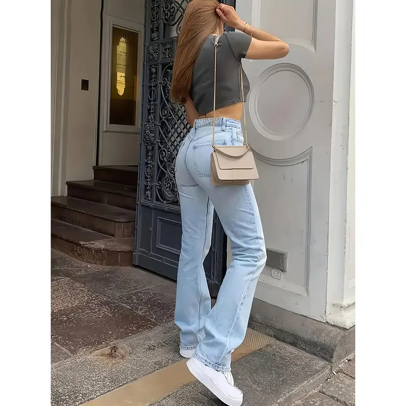 High Waist Light Washed Straight Jeans, Slash Pocket Casual Loose Fit Denim Pants, Women's Denim Jeans & Clothing 6