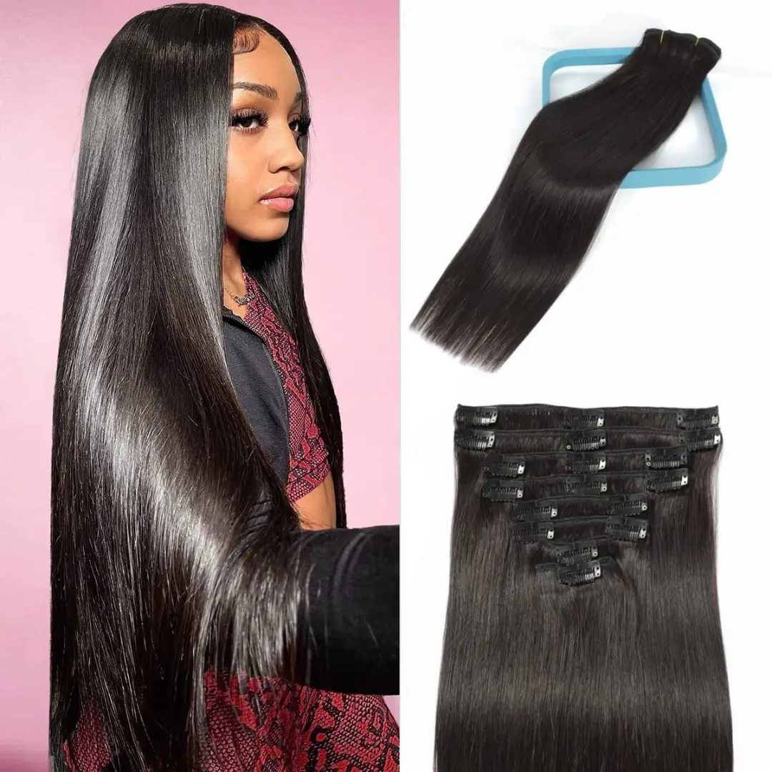 Sulayla Beauty Clip in Hair Extensions Real Human Hair 100g/3.6oz Clip in 100% Remy Human Hair Extensions 8pcs Per Set with 18Clips Double Weft (18 Inch, 1B Natural Black Color)