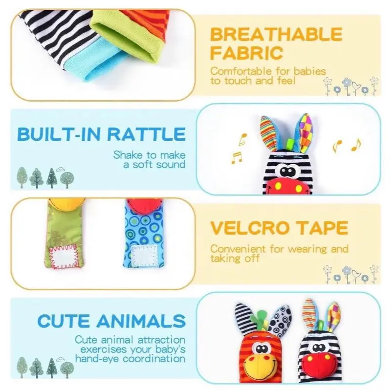 Mother’s Baby Rattles 4 in 1 Set for 0-12 Month, Sensory Breathable Fabric With Rattle, Lovely For Travel/Home Cute Hand and Foot Socks Rattle Toys, Cute Gift 5
