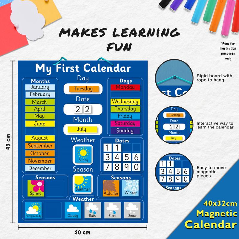 Interactive Children's Magnetic Learning Calendar - Blue- Fun Educational Tool for Time, Seasons, and Weather Awareness - 40x32 cm with Easy Hang Loop 2
