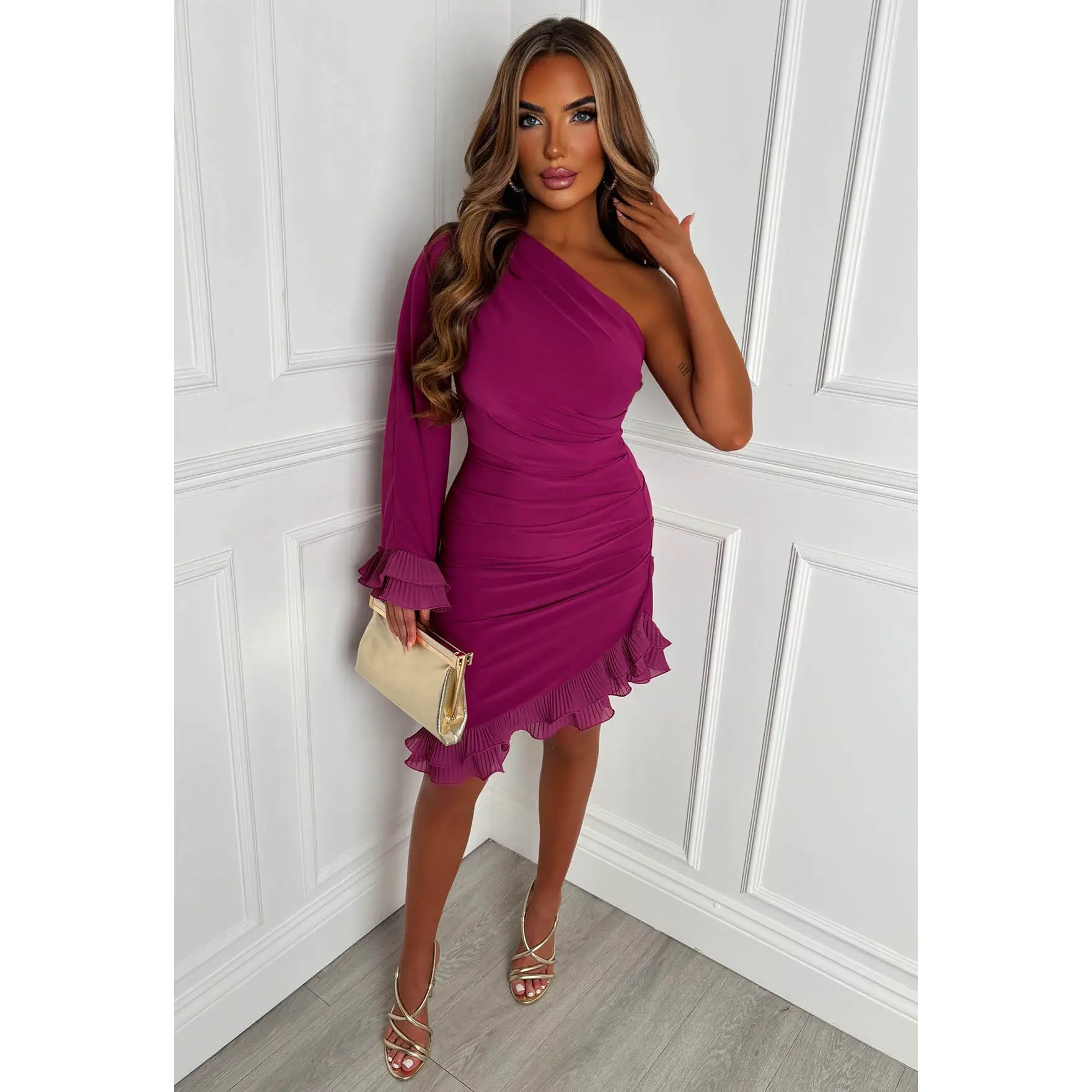 Frilled Senorita Plum One Sleeve Ruched Frill Hem Mini Dress