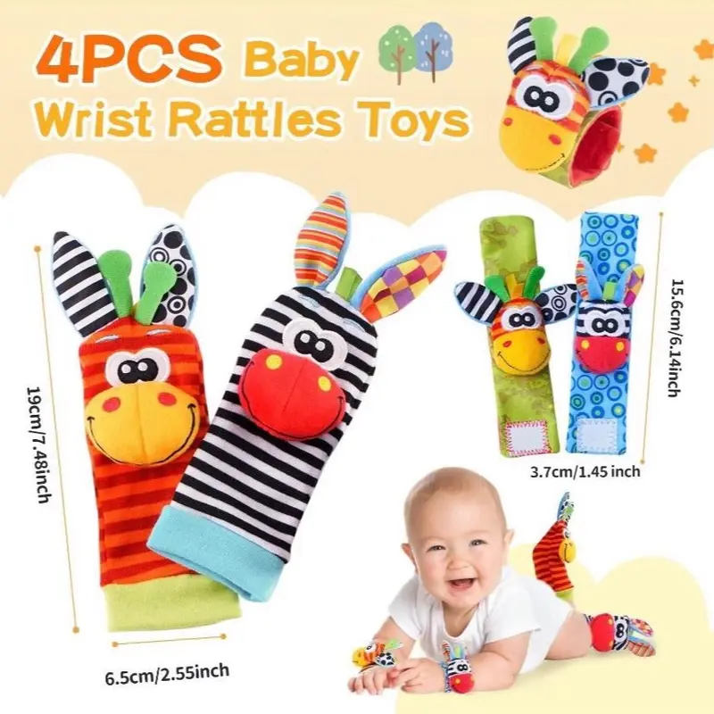 Mother’s Baby Rattles 4 in 1 Set for 0-12 Month, Sensory Breathable Fabric With Rattle, Lovely For Travel/Home Cute Hand and Foot Socks Rattle Toys, Cute Gift 7