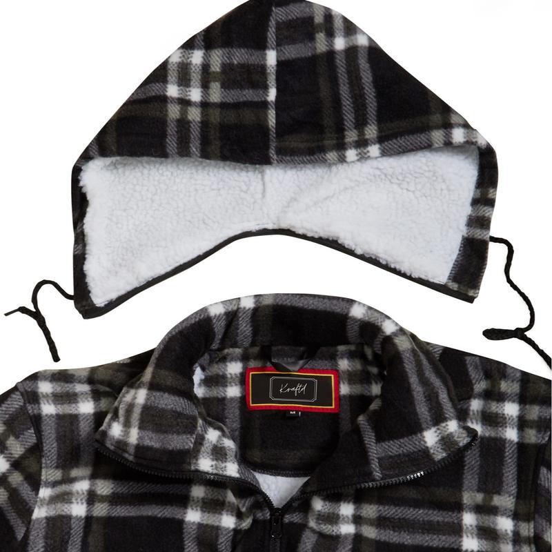 UNISEX Fleece Sherpa Fur Lined Lumberjack Detachable Hood Check Quilted Thermal Shirt Flannel Long Sleeve Casual Jacket Man Menswear Thick Coats Faux Padded Pockets Polyester Collared Top Underwear 1