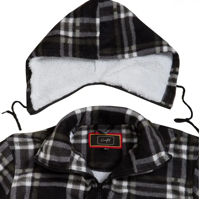 UNISEX Fleece Sherpa Fur Lined Lumberjack Detachable Hood Check Quilted Thermal Shirt Flannel Long Sleeve Casual Jacket Man Menswear Thick Coats Faux Padded Pockets Polyester Collared Top Underwear 1