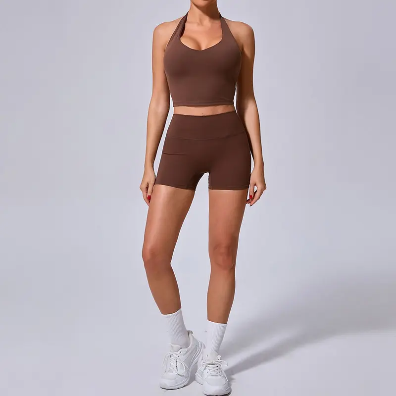 Yoga Leggings Set Women Seamless Yoga Set 2 Pieces Push Up Shorts Halter Sports Bra Workout Sets Gym Clothes 5