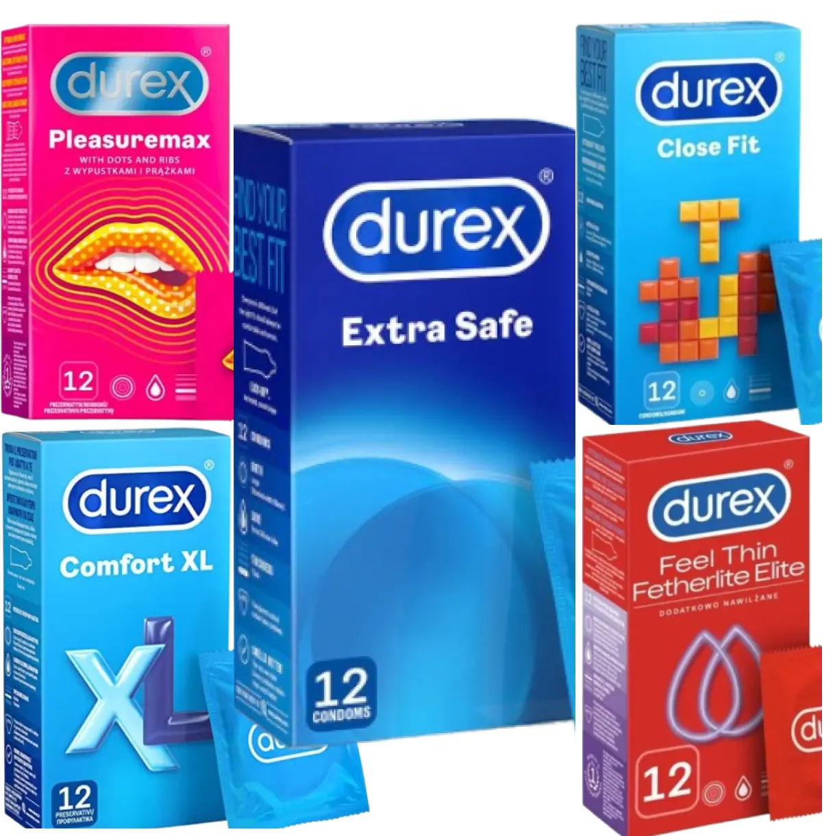 12 x Durex Condoms – Extra Safe, Pleasuremax, Comfort XL, Fetherlite Elite, Close Fit – Premium Latex Protection