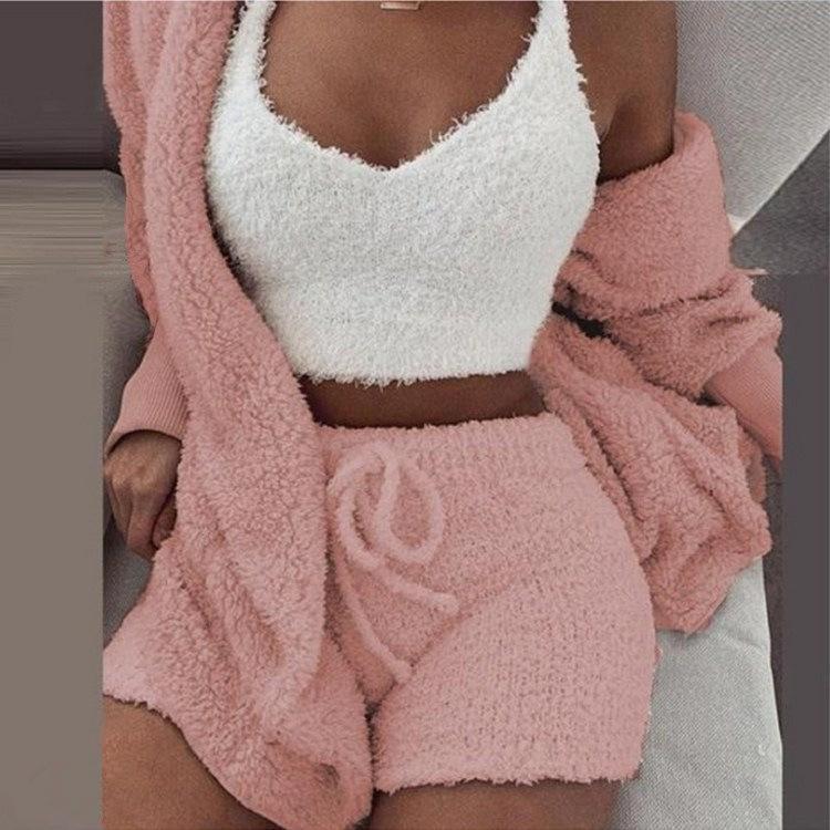 2024 New Winter Women's Velvet Pajamas Set Crop Top+Long Pants+Coat 3 Pieces Suit Warm Soft Fleece Homewear Pyjamas S-3XL 8