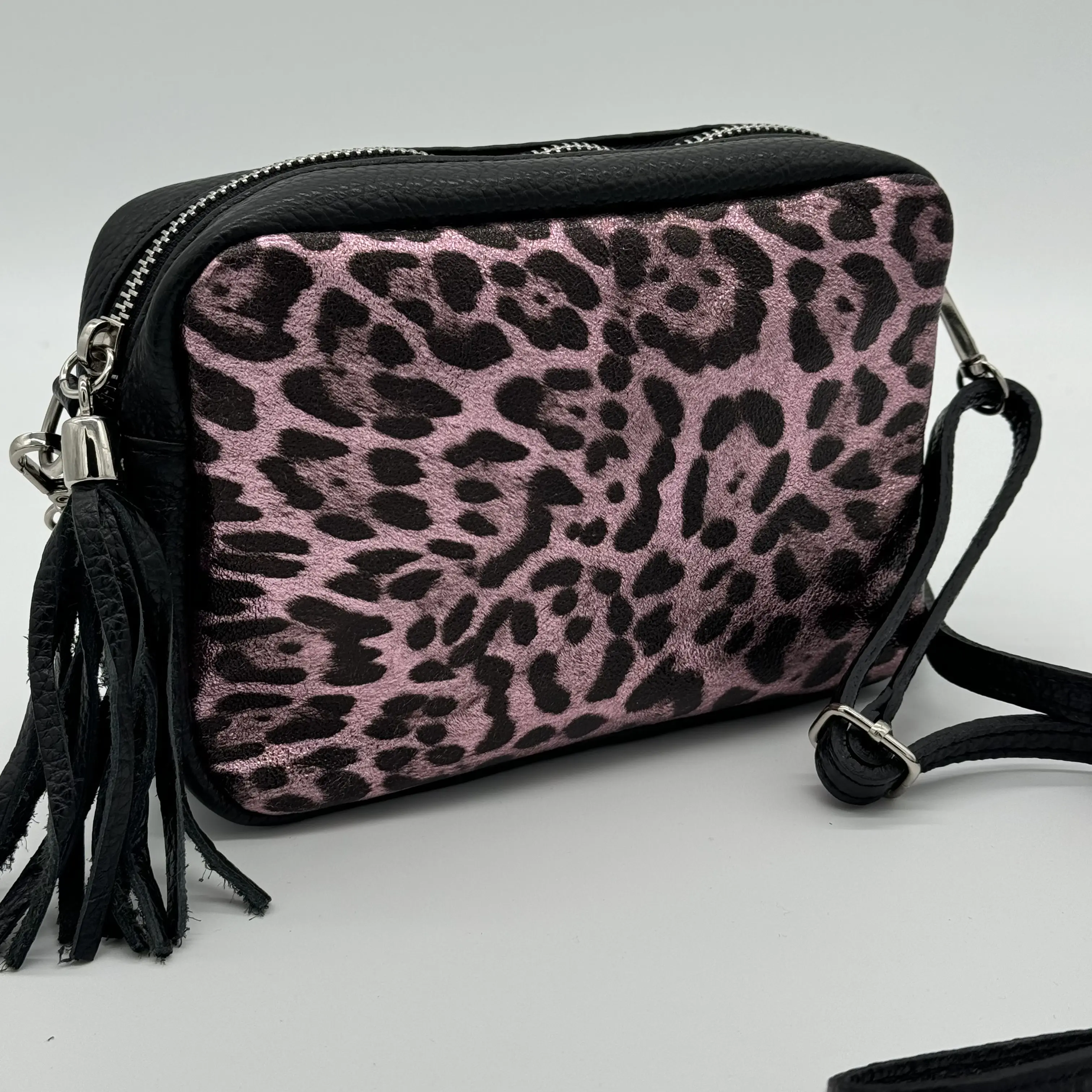 Genuine Leather Front Leopard Print Black Crossbody Camera Bag