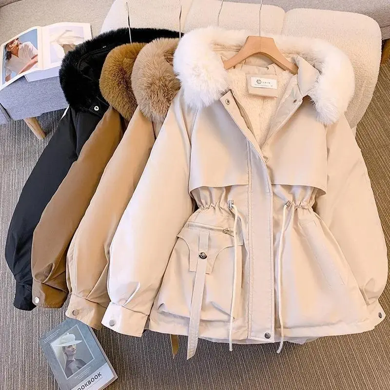[2024] new fashion women winter jacket fake fur collar oversized long coat hooded warm lining female puffer jacket parkas Mujer
