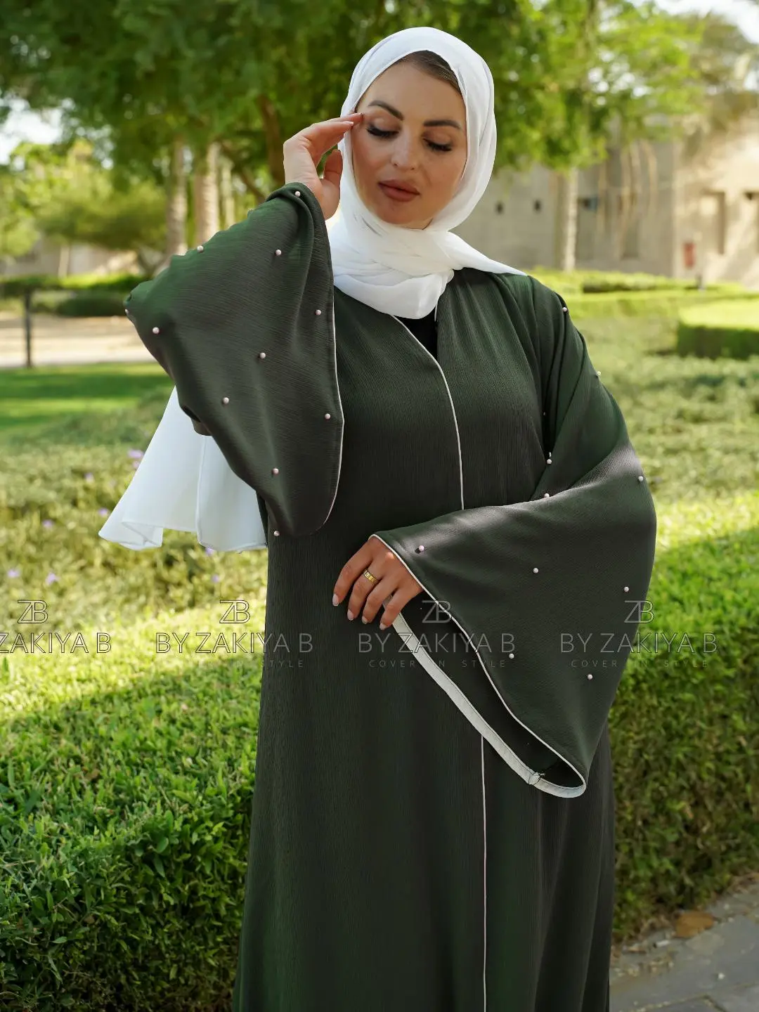 Simple Abaya/Burka with White Pearl Work and Piping in Olive - Women's Islamic Clothing