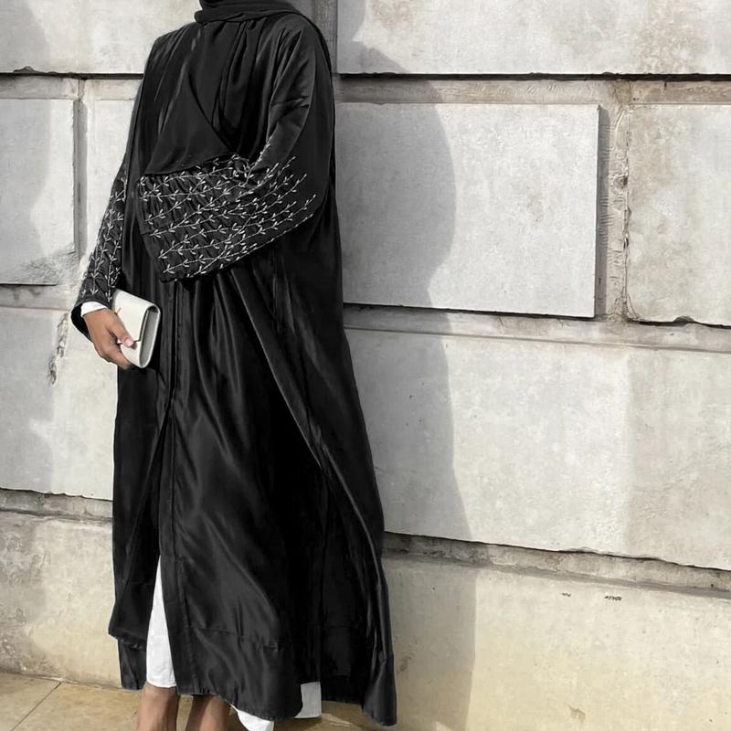 Product Introduction of HS1024 1pcs Satin Cardigan Handmade Beaded Dress Abaya 8