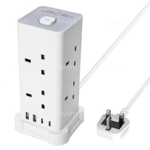 UK 3 Tower Extension 8 Outlets&4 USB Ports 13A 3250W Surge Protected- 3 Sided Outlet Extender- Surge Protector Power Strip- Desktop Charging Station with Overload Protection multi plugs electric cable