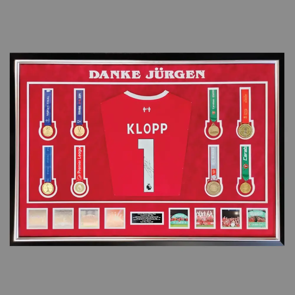JURGEN KLOPP SIGNED LIVERPOOL SHIRT AND ALL 8 MEDALS – DANKE JURGEN