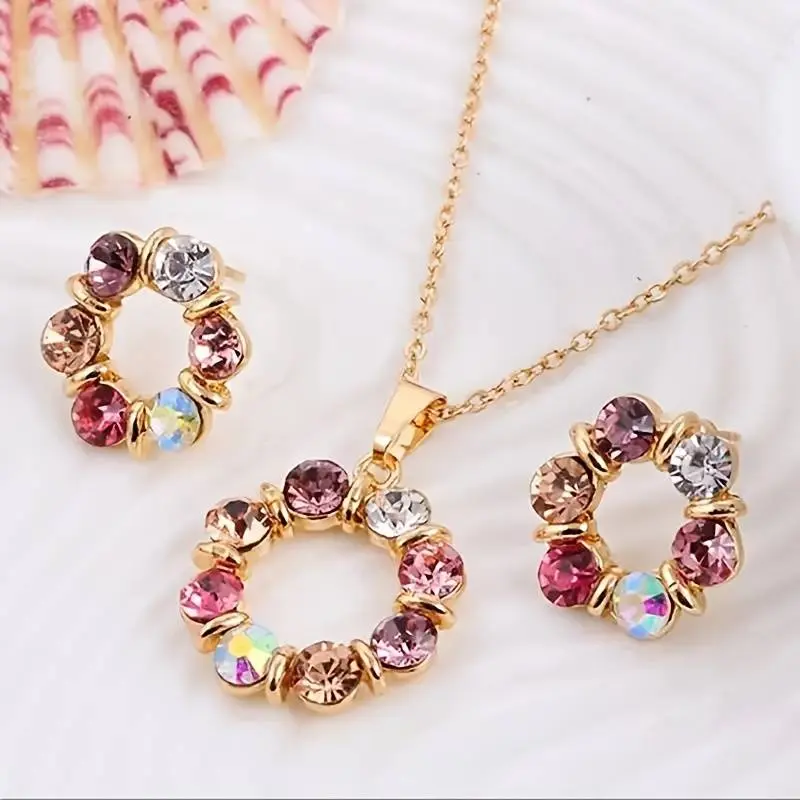 Chic Jewelry Set Sparkling Flower Design Inlaid Shining Rhinestone Match Daily Outfits Party Decor ,1 Pair Of Earrings + 1 Necklace, multi colored stone