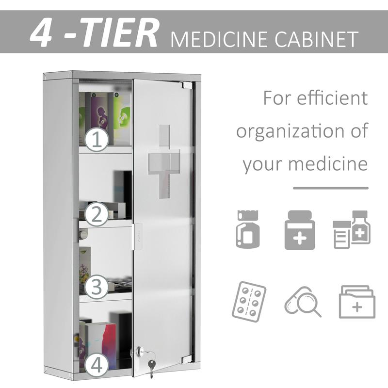 HOMCOM 4 Tier Stainless Steel Wall Mounted Medicine Cabinet Glass Lockable Door Storage Shelves Houseware Bathroom Furniture 60Hx30Wx12D(cm) w/2 Keys 6