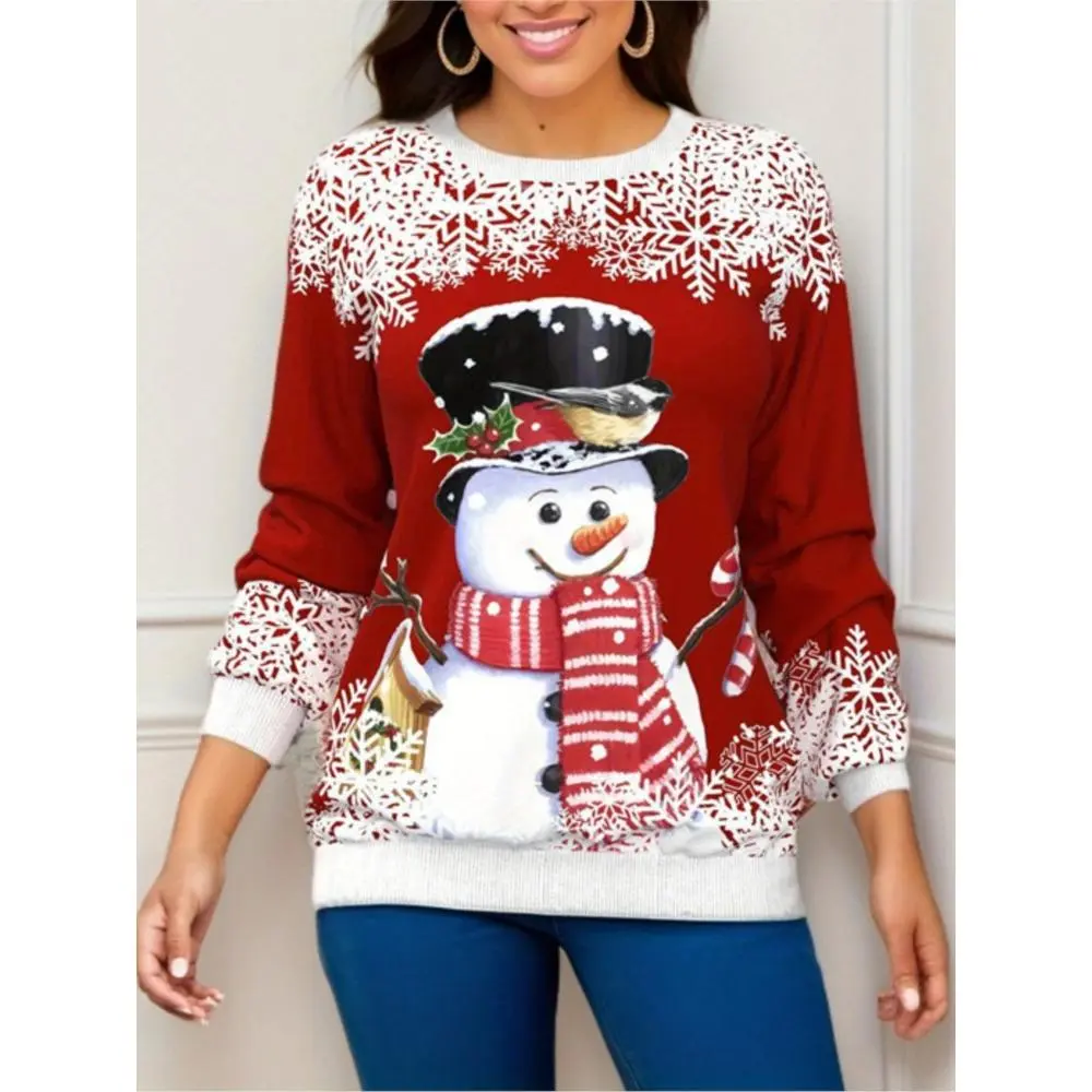 Women's Sweatshirts New Christmas Printing Long Sleeve Round Neck Fashion Casual Loose Vintage Commuting Ladies Pullover In 2024