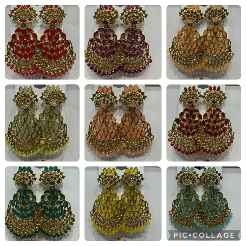 E1930 Mix Earrings Stone Colours Gold Party Wear Gift Asian