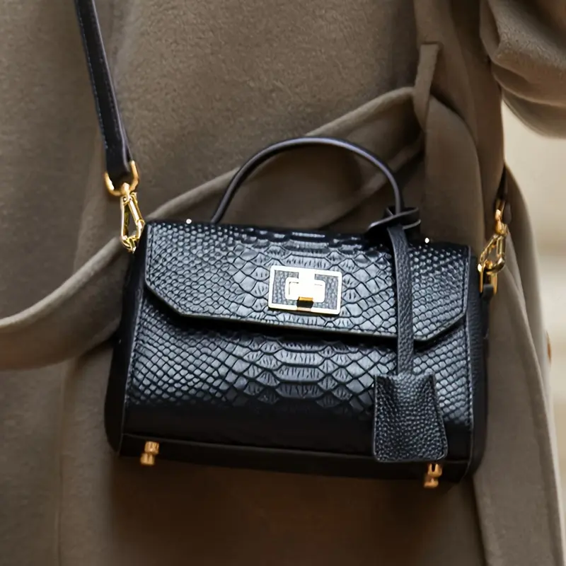 ZOOLER Genuine Genuine Leather Women's Handbag - Stylish Black Crocodile Pattern Shoulder & Crossbody Bag with Adjustable Strap, Golden-Tone Hardware, and Secure Twist Lock Closure, Versatile Handbag | Fashionable Top Handle Bag | Strap with Buckle