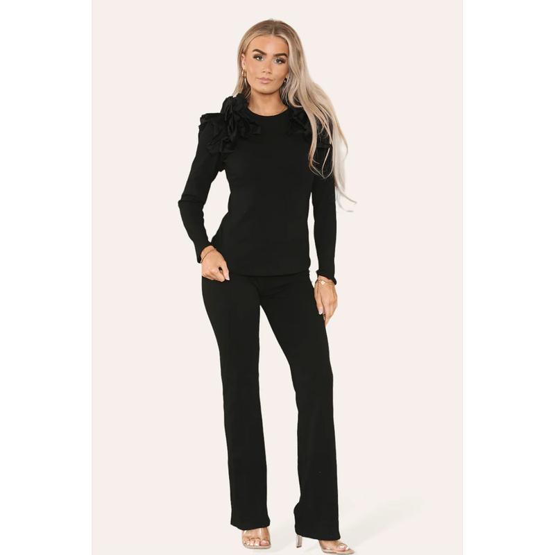 Ruffle Frill Shoulder Ribbed Loungewear Co-Ord Top & Trouser Set Womenswear Bottom Comfortable Cute 1