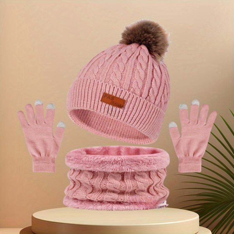 Festive Winter Knit Hat Set with Pom Pom, 3-in-1 Warmth Bundle: Thick Hat, Scarf, and Touchscreen Gloves for Ladies - Perfect for Cold Weather Outings 4