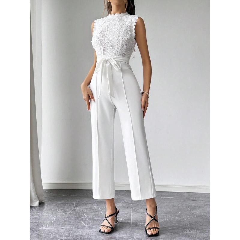 Firerie Women's Elegant Commuter White Lace Splicing Sleeveless High Waist Long Jumpsuit,White Long Jumpsuit,Women Rompers,Sleeveless Jumpsuit,Slim Fit Long Jumpsuit,Teacher Clothes,Teacher's Jumpsuit,Suitable For Daily, Party, Homeco Fabric Polyester 5