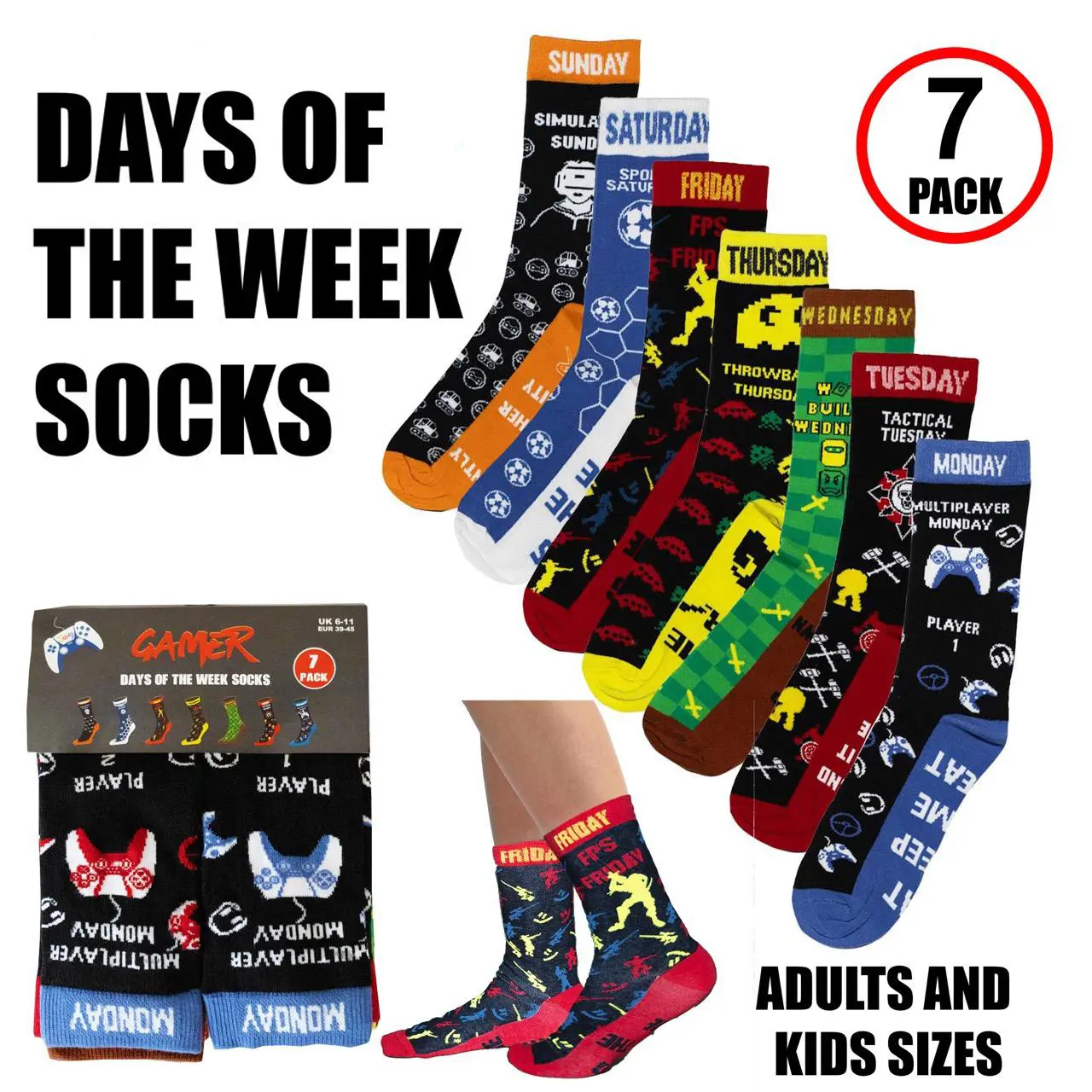 Mens Gamer Socks - 7 Pack - Days of the Week Socks -  Gaming Novelty Design  - Cotton Rich - Available in Men's UK 6-11 and Kids' UK 9-12, 12-3, 4-6 Menswear Breathable Retro Casual Comfy Long Operator