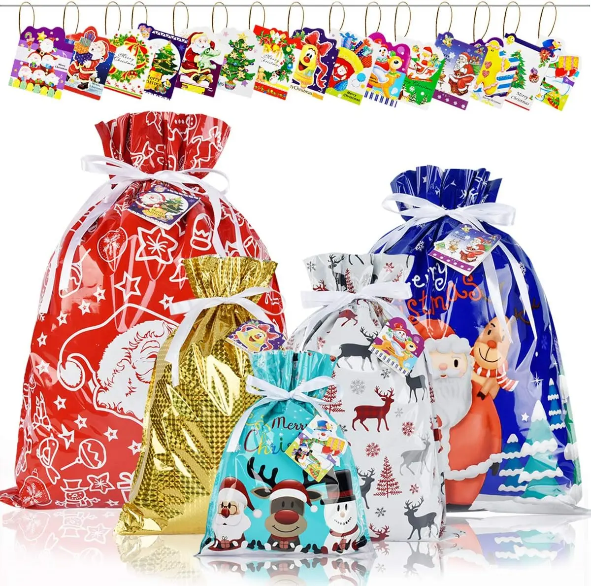 Christmas Drawstring Gift Bags with Tags, 5 Different Designs Wrapping Bags 15PCS
