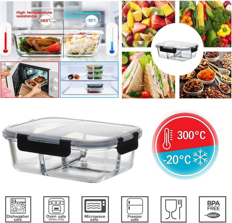 Houszy 3 Compartment Glass Food Storage Containers with Airtight(Pack of 3), Leak-Proof Snap-Lock Lids - BPA-Free, Microwave, Dishwasher, Oven, & Freezer-Safe Lunch Boxes Kitchen Utensils Sturdy Set 4