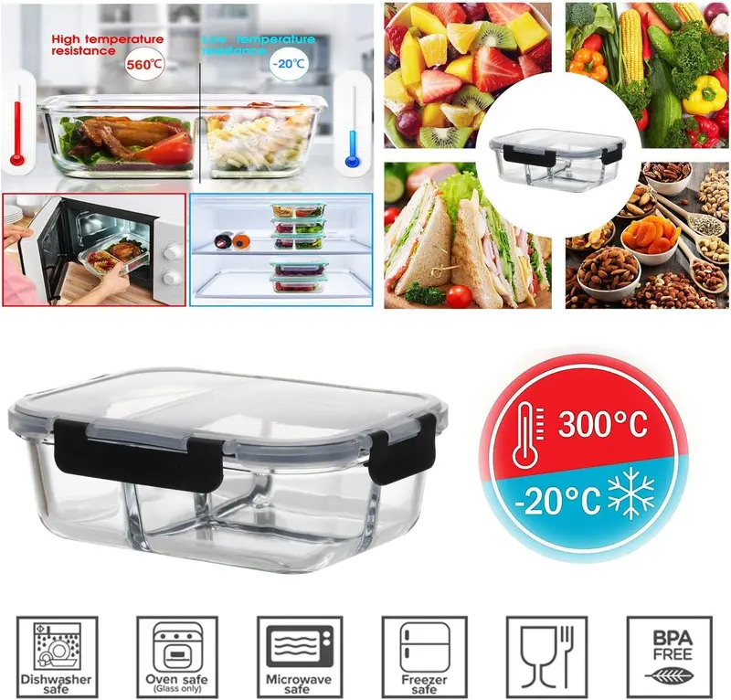 Houszy 3 Compartment Glass Food Storage Containers with Airtight(Pack of 3), Leak-Proof Snap-Lock Lids - BPA-Free, Microwave, Dishwasher, Oven, & Freezer-Safe Lunch Boxes Kitchen Utensils Sturdy Set 4