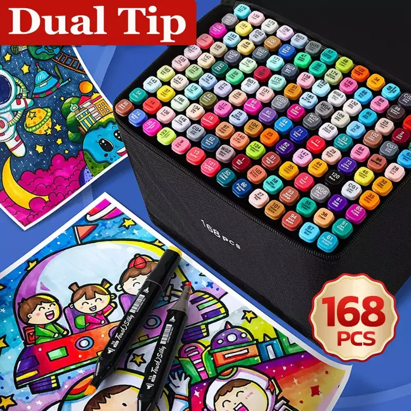168 Color Dual Tip Art Marker Pen Soft Fine Drawing Watercolour Gift Xmas Kid 1