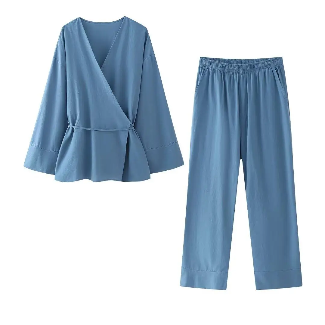 Women's 2-piece Retro Textured Double-breasted Kimono Style Coat + Elastic Waist Pockets And Pajama Style Loose Trousers-LY3
