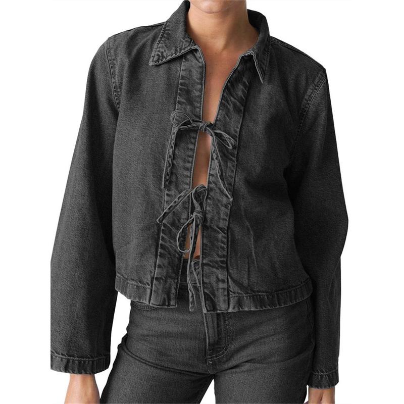 Women's Denim Tie Front Jacket Solid Color Lapel Long Sleeve Casual Cropped Coats Spring Fall Outerwear 1