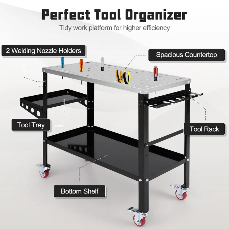 COSTWAY Welding Table Workbench on Wheels with Tool Rack and Tray 2