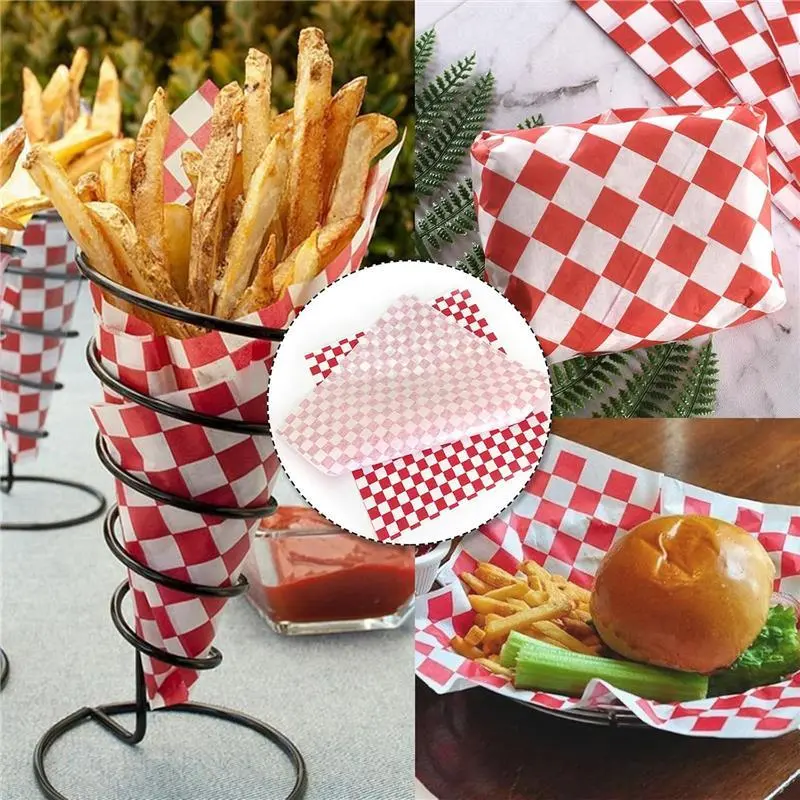 Greaseproof Paper Sheets, 100 Pcs Food Burger Wrap Paper Grease Proof Fish and Chip Burger Sandwich Wrapping Sheets Red Printed Bakeware Classic 5