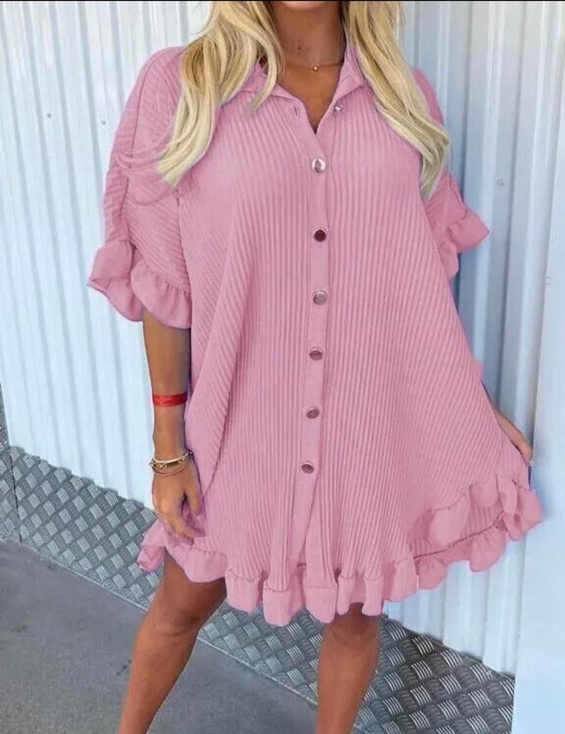 Product Introduction of Women’s Ladies Gold Button Pleated Frill Summer Shirt Swing Mini Dress Viral TikTok Top Casual Fabric 6