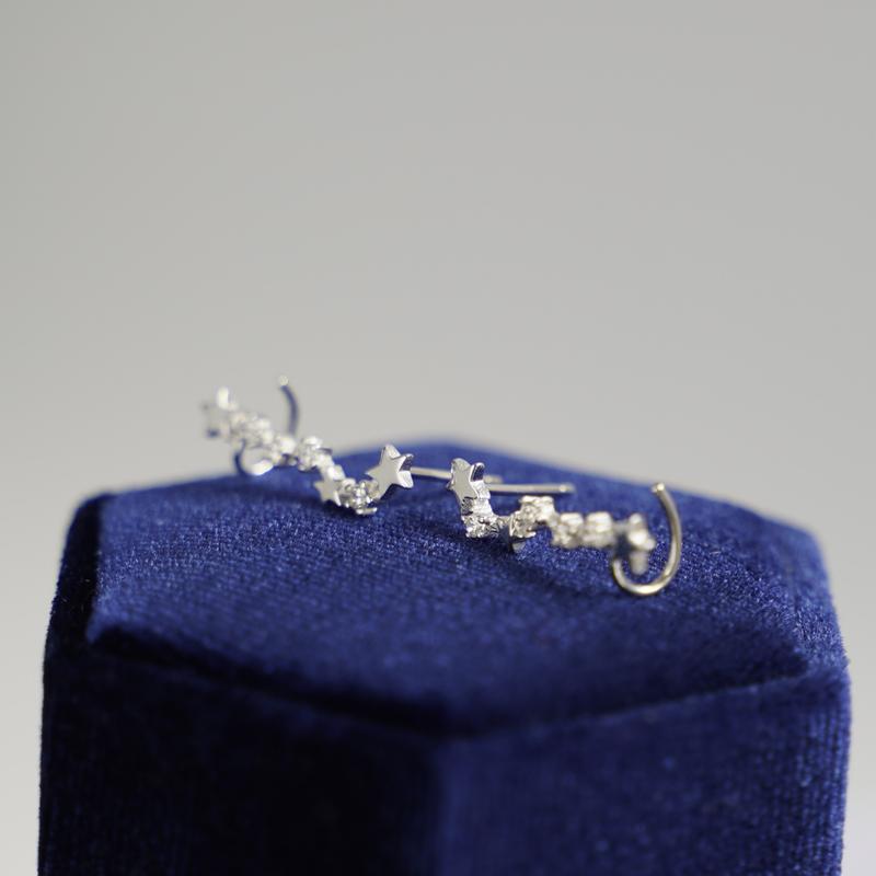 Sterling Silver CZ Celestial Stars Ear Pin Crawler Climber Earrings 9