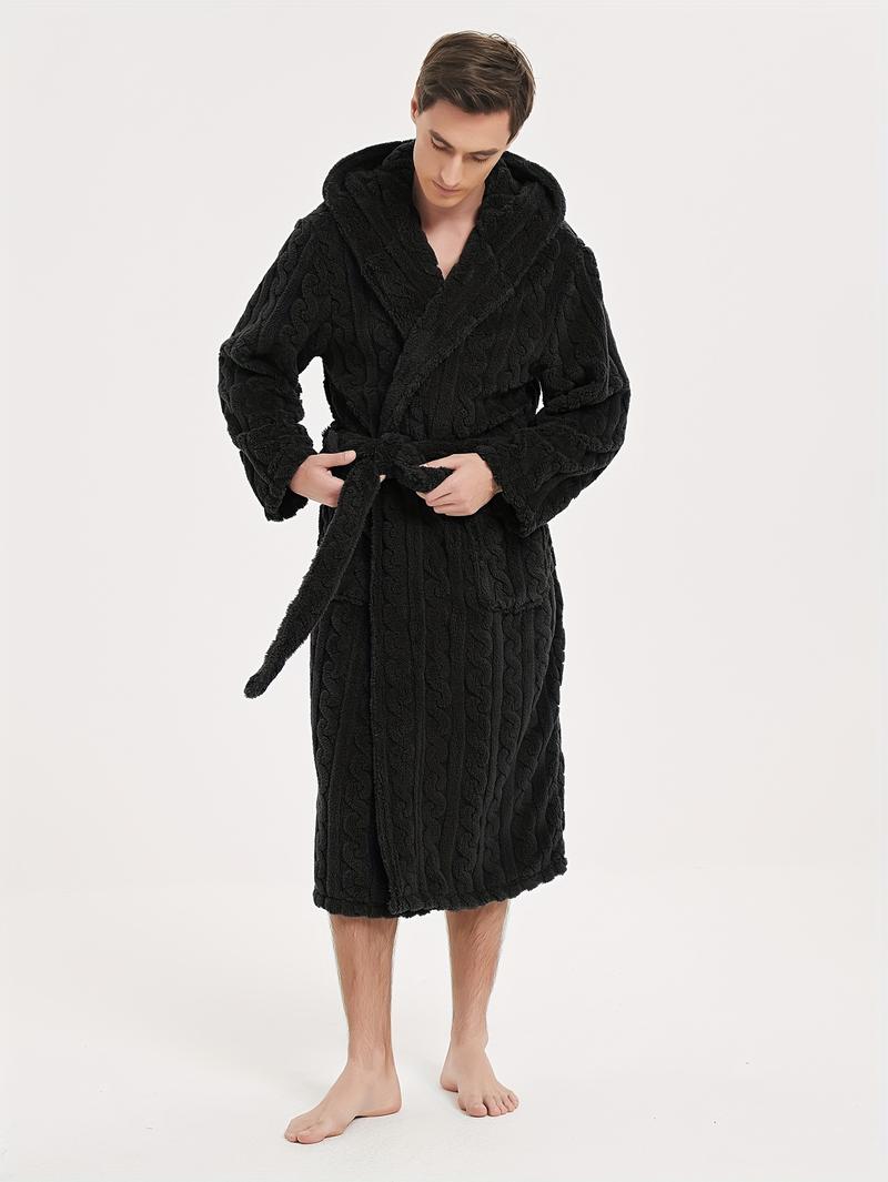 Product Introduction of Men's Comfy Solid Fleece Robe Home Hooded Pajamas Wear With Pocket & Hair Dry Hat, One-piece Lace Up Kimono Night-robe Warm Sets After Bath 3