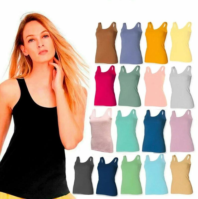 2 PACK LADIES VEST WOMENS COTTON STRETCHY RIBBED T SHIRT CAMI CASUAL TANK TOPS 1
