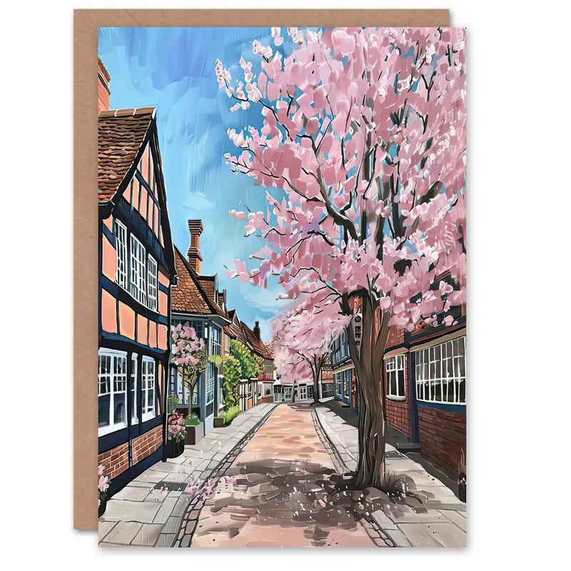 Cherry Blossom Lymm Village Cheshire Painting Birthday Art Card 0