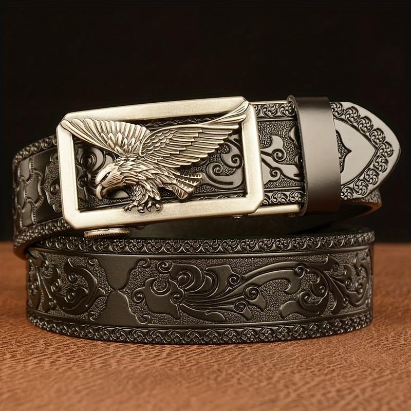 Product Introduction of 1PC Carved Cowhide Men's Autobuckle Belt, Vintage Style, Suitable for Casual & Business Wear, Great Gift for Husband and Father 12