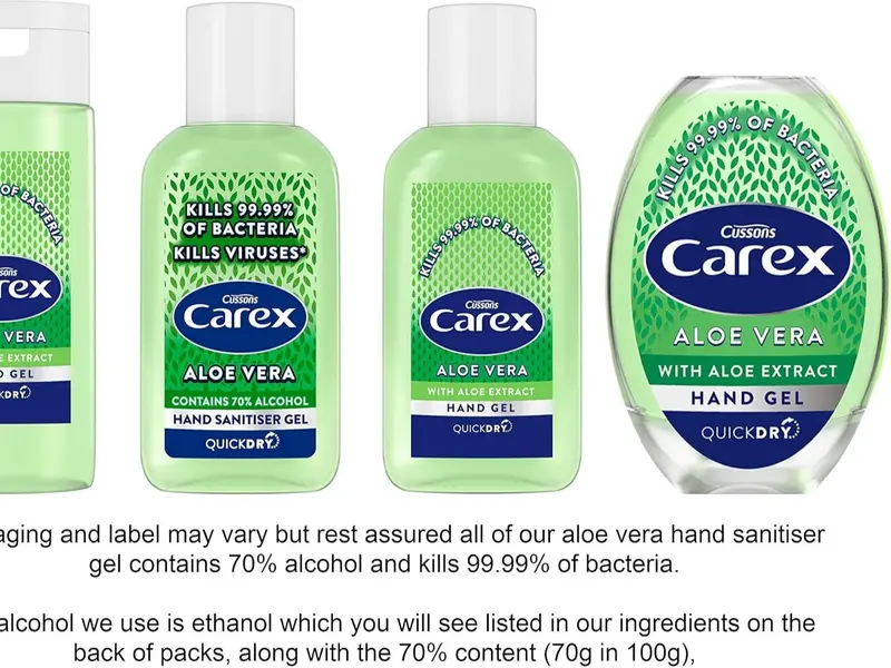 Carex Aloe Vera Antibacterial Hand Sanitiser Gel, Anti Viral Action, 70 Percent Alcohol, Cleans, Cares and Protects, Bulk Buy, Pack of 12 x 50 ml Cleansing Soothing 1