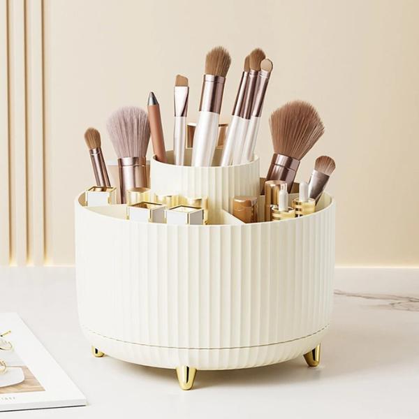 360 Rotating Makeup Organizer - 1pc Plastic Cosmetic Storage with 5 Compartments - Multi-Functional Holder for Brushes, Lipsticks, Skin Care Products, and Stationery - Durable Unscented Desk Caddy with Luxury Stripe Design Boxes black 4